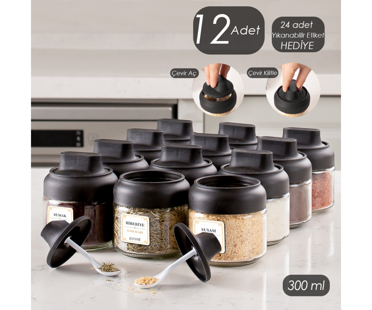 Porsima Rio 300 Cc Labeled 12-Piece Chubby Spice Shaker with Spoon Black