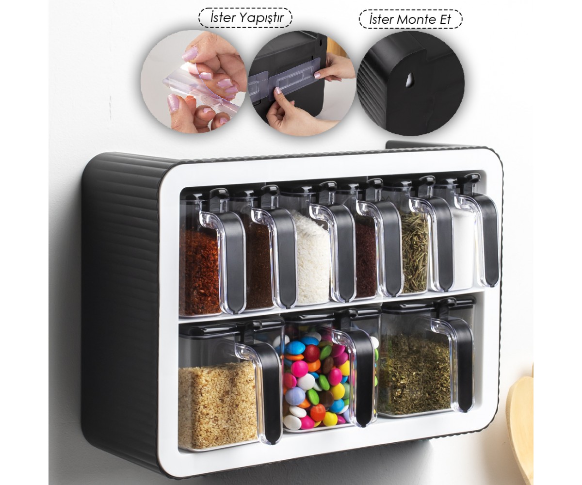 Porsima Stand Spice Jar Set with Spoon and Lid Black and White 9-Piece Porsima Stand Spice Jar Set with Spoon and Lid Black and White 9-Piece