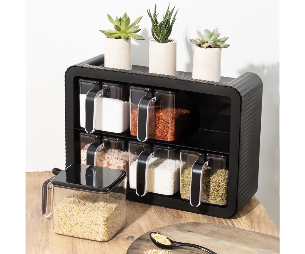 Porsima Set of 6 Spice Jars with Stand, Self-Adhesive Spice Set with Spoon and Lid, Black