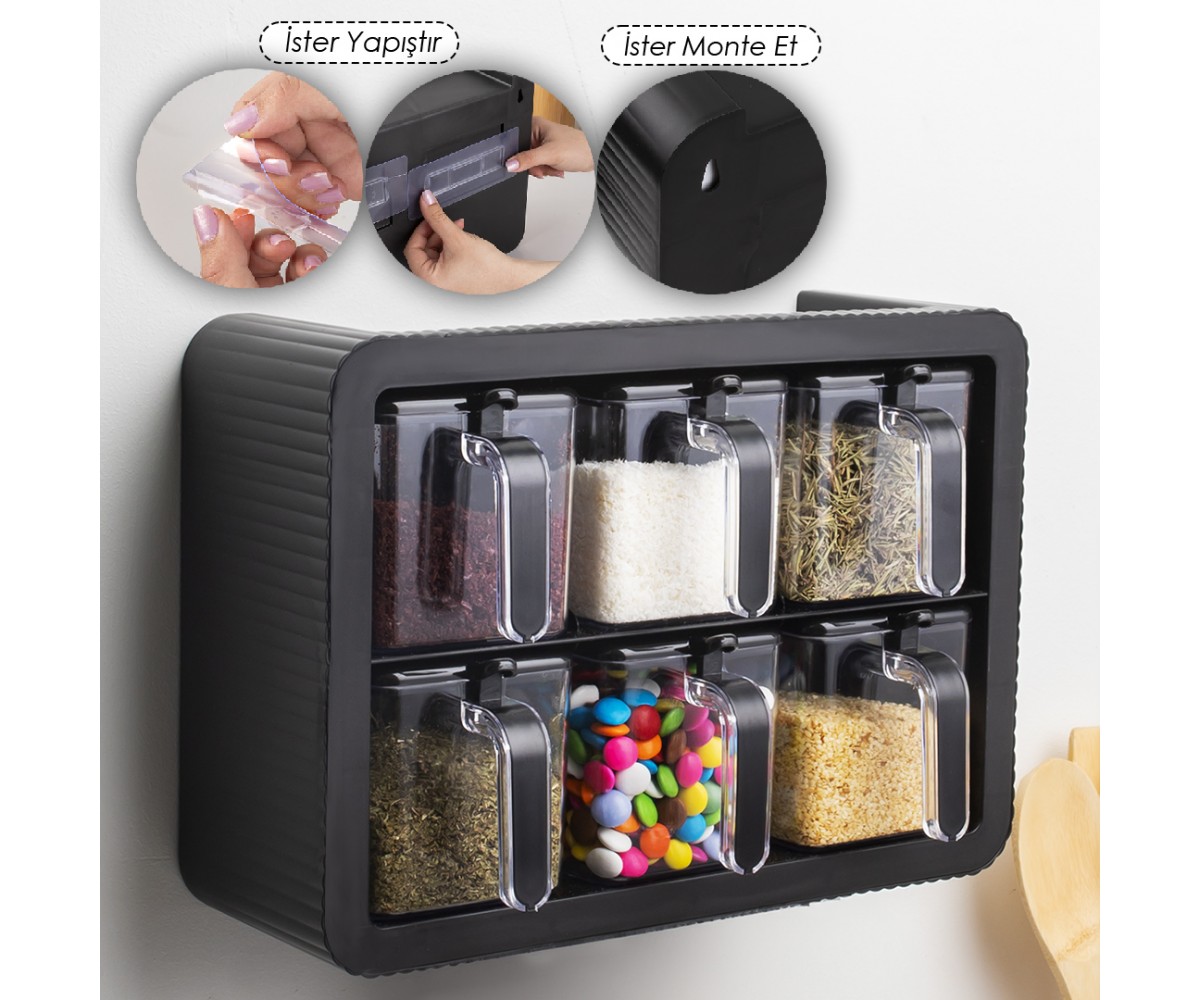 Porsima Set of 6 Spice Jars with Stand, Self-Adhesive Spice Set with Spoon and Lid, Black Porsima Set of 6 Spice Jars with Stand, Self-Adhesive Spice Set with Spoon and Lid, Black