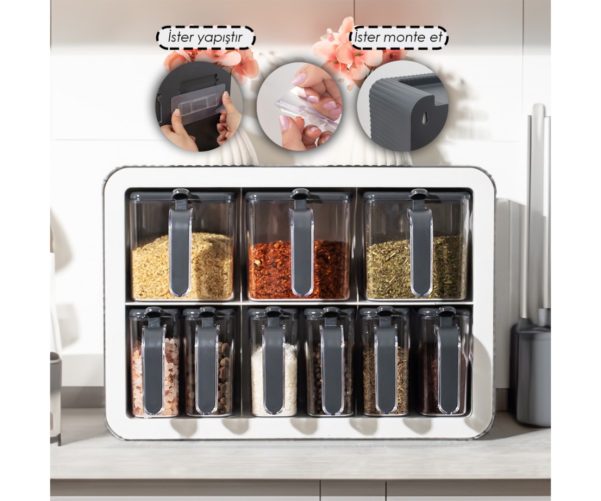 Porsima 0439 9-Piece Spice Jar Set with Stand, Spoon and Lid - Anthracite White