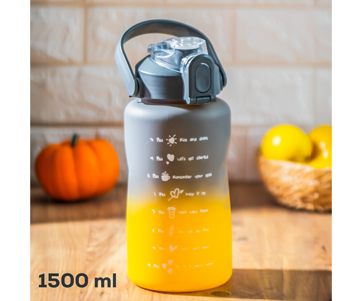 Porsima 700.106 Water Bottle - Motivational Water Bottle - Plastic Colored Sports Water Bottle - Gray Yellow 1500 ml