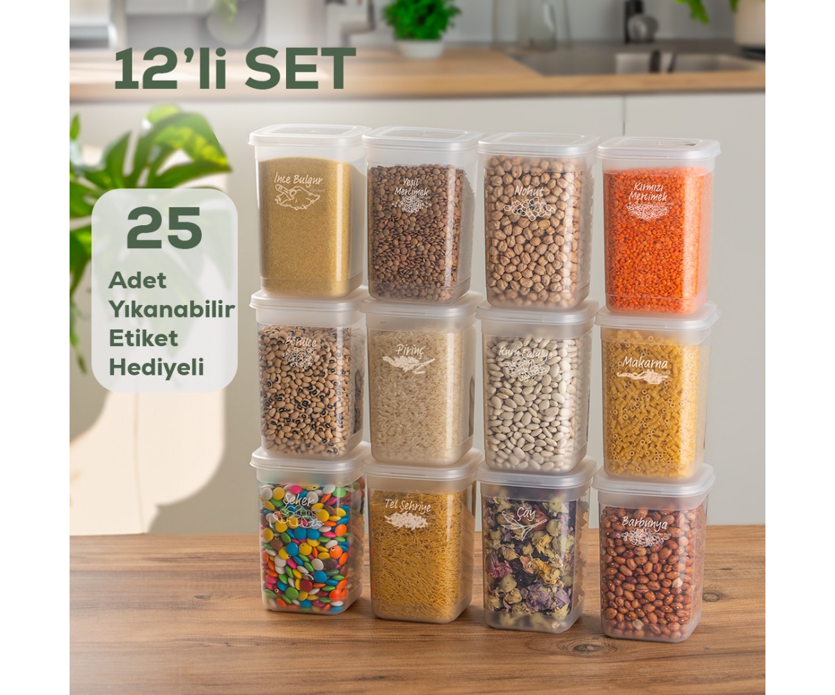 Porsima 431-12 12-Piece Labeled Square Storage Container Flour Food Provisions Pulses Storage Container - 1.30 lt Transparent