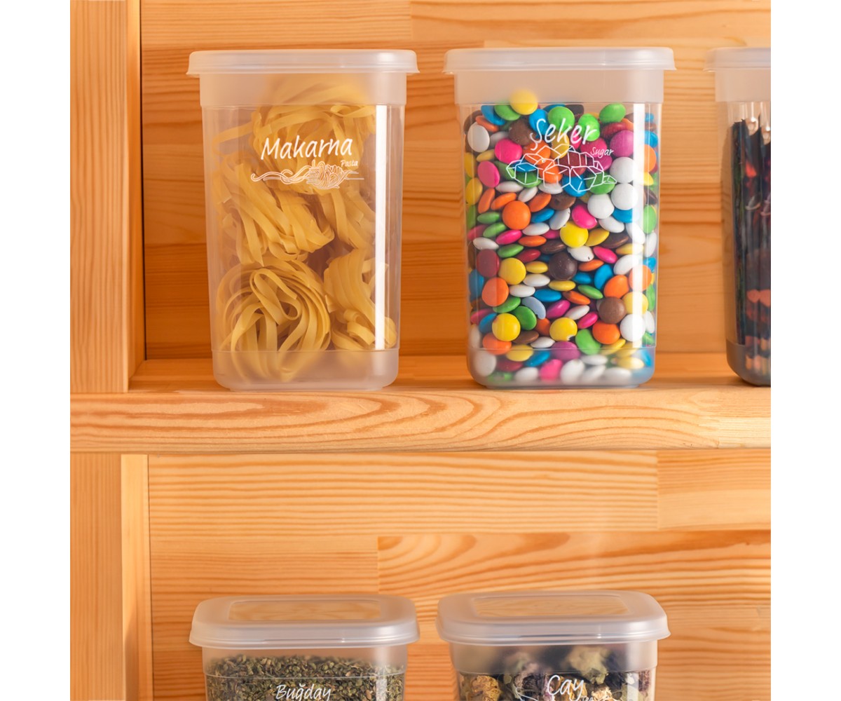 Porsima 431-12 12-Piece Labeled Square Storage Container Flour Food Provisions Pulses Storage Container - 1.30 lt Transparent