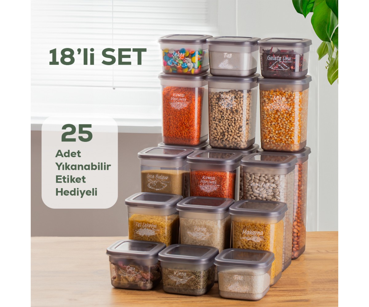 Porsima 433-GR-6 18 Liter Square Labeled Food Provisions Spice Storage Container Set 6x(0.60+1.30+1.90) Lt Gray