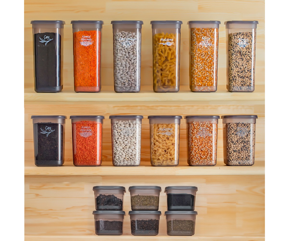 Porsima 433-GR-6 18 Liter Square Labeled Food Provisions Spice Storage Container Set 6x(0.60+1.30+1.90) Lt Gray