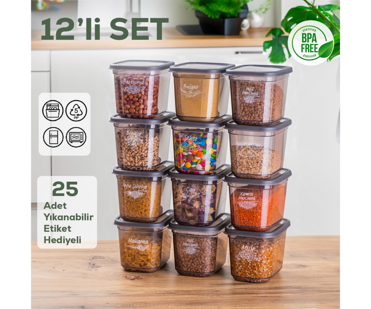 Porsima 1022 12 Li Rectangular Food Provisions Pulses Storage Container Set with Labeled Lid - 1.3 Lt