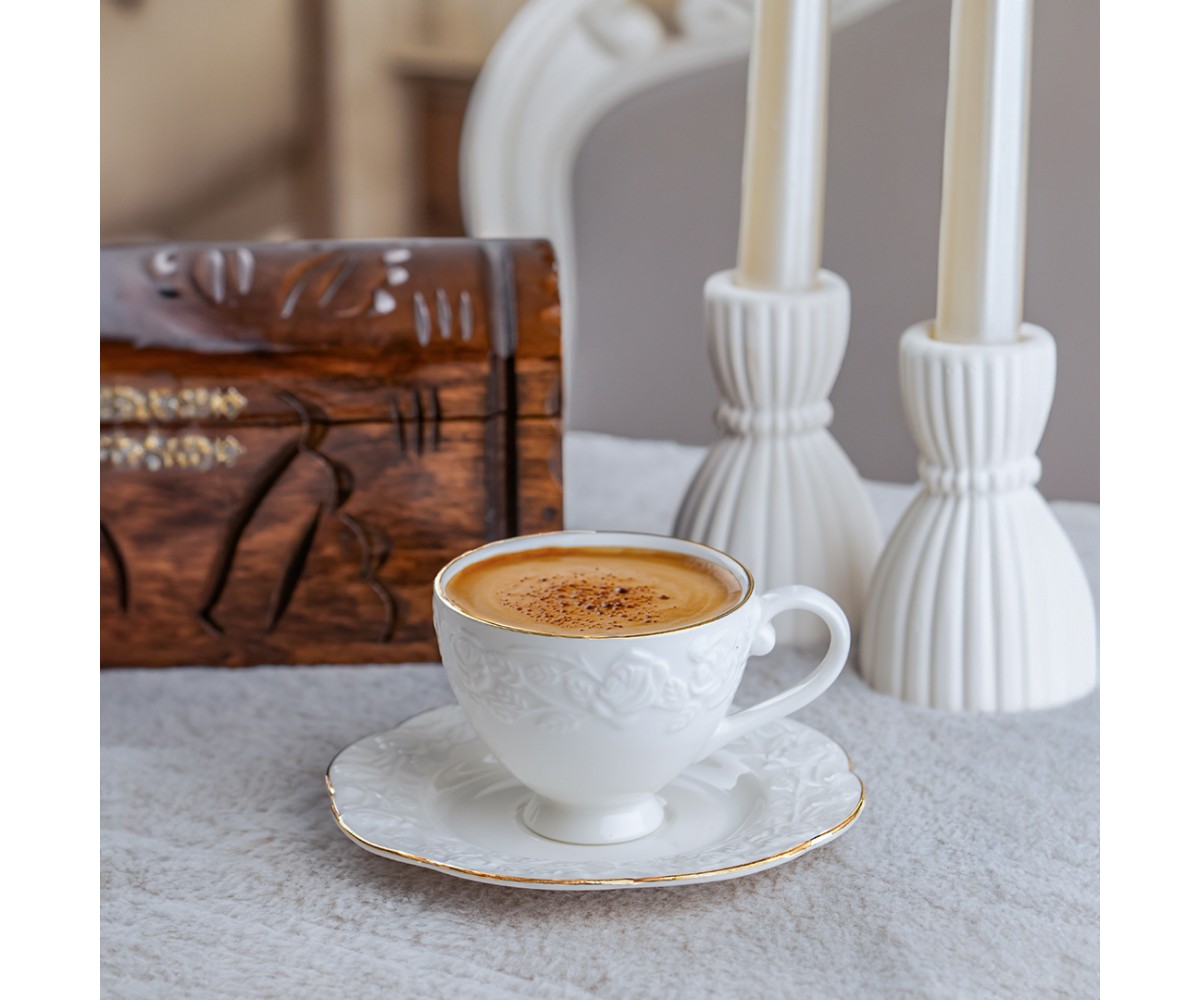 Porsima THN18902 Rose 12 Pieces for 6 People - Gold Gilded Porcelain Turkish Coffee Cup Set