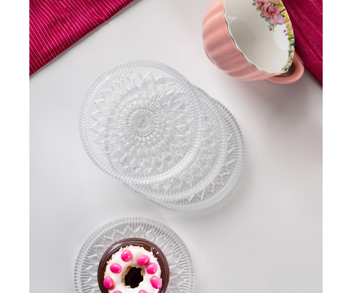 Porsima Alya Patterned Upright Plate - 6 Piece Glass Presentation Cake Cookie Cake Catering Serving Plate - 12 cm
