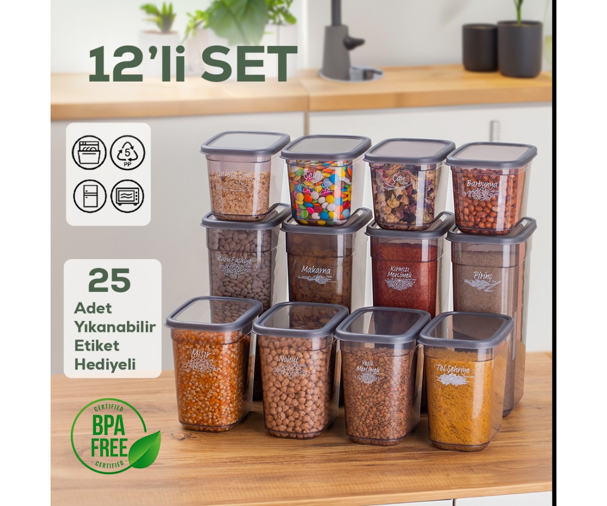 Porsima 1032 12 Li Labeled Food Provisions Pulses Storage Container Set 4x(3,2 - 2,1 - 1,3) Lt