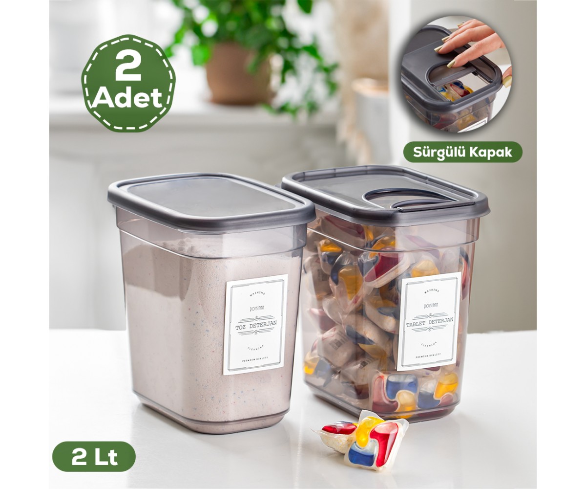 Porsima 1029 2 Li Labeled Sliding Lid Detergent Box Tablet Powder Detergent Storage Container - 2 Lt