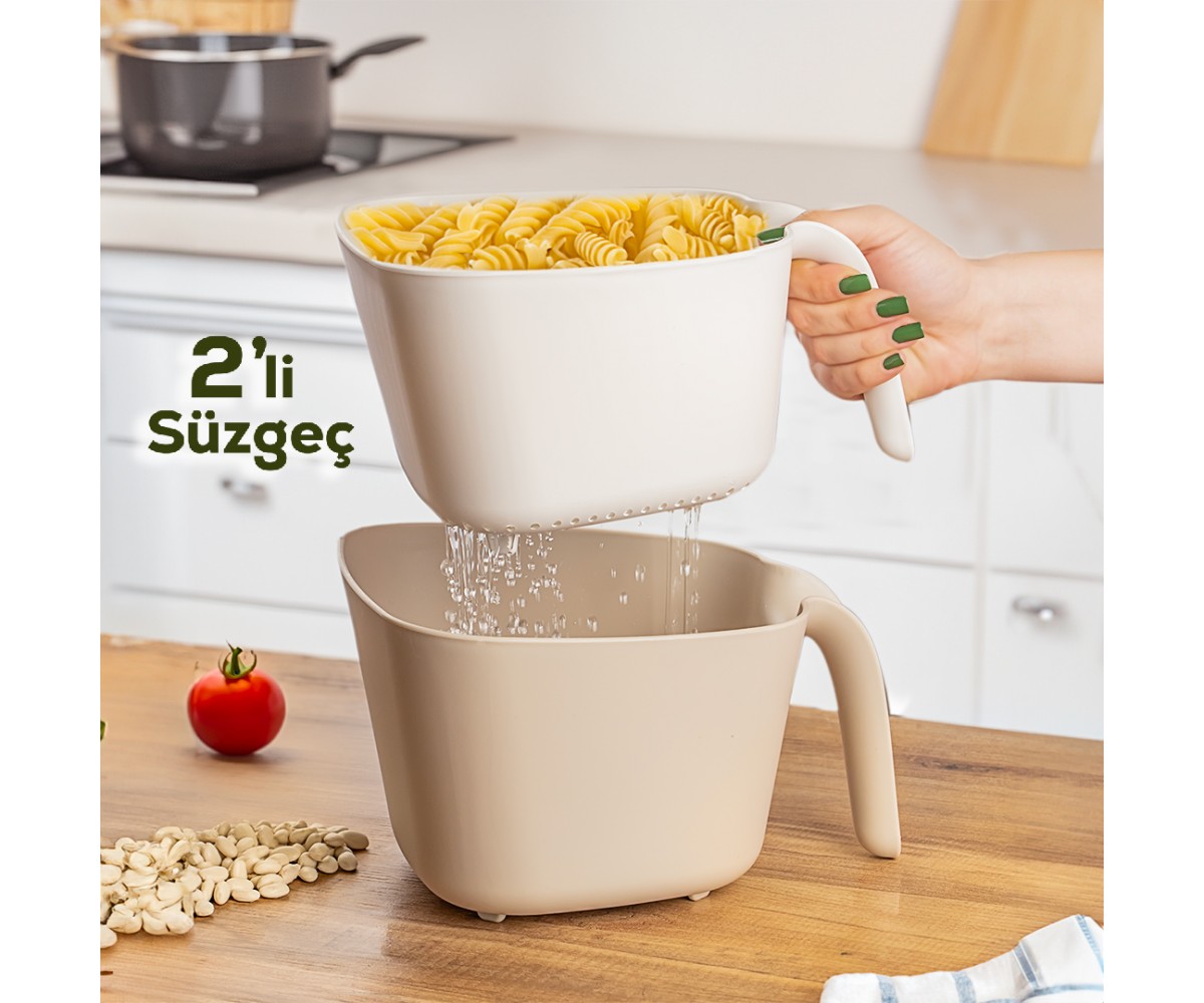Porsima G-576 2 Piece Plastic Strainer Multi-Purpose Pasta Fruit Vegetable Rice Washing Strainer Beige White