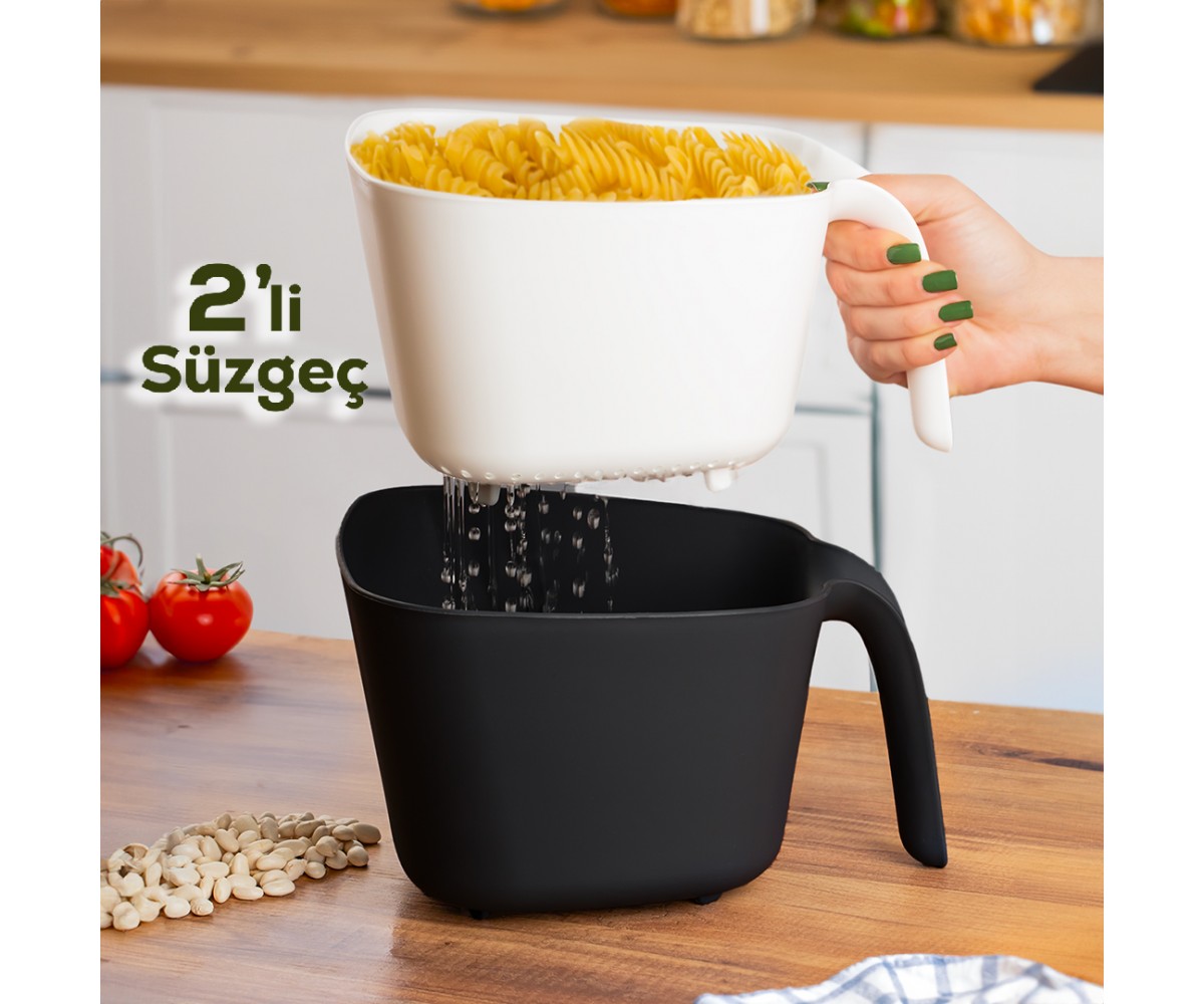 Porsima G-577 2 Piece Plastic Strainer Multi-Purpose Pasta Fruit Vegetable Rice Washing Strainer Black White