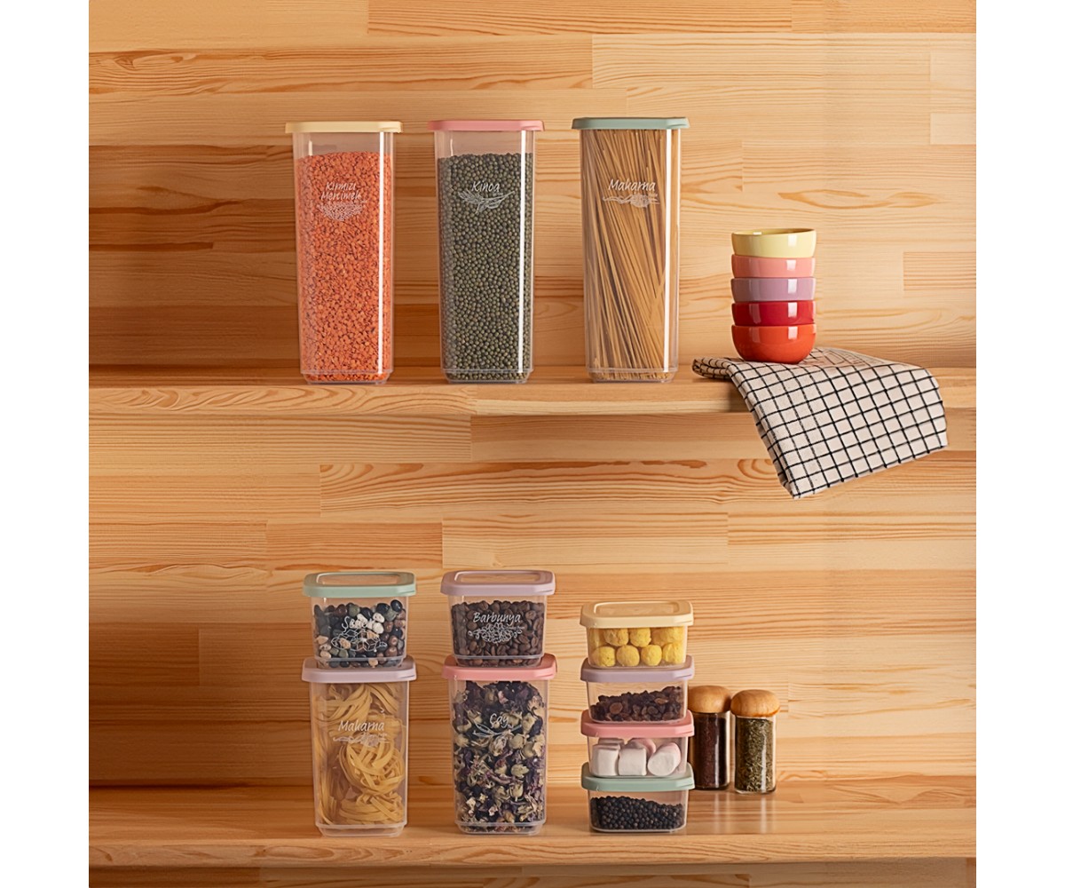 Porsima 1034 16 Pcs Labeled Colored Lid Plastic Food Food Storage Container 4X(360-500-1100-1700)CC Transparent