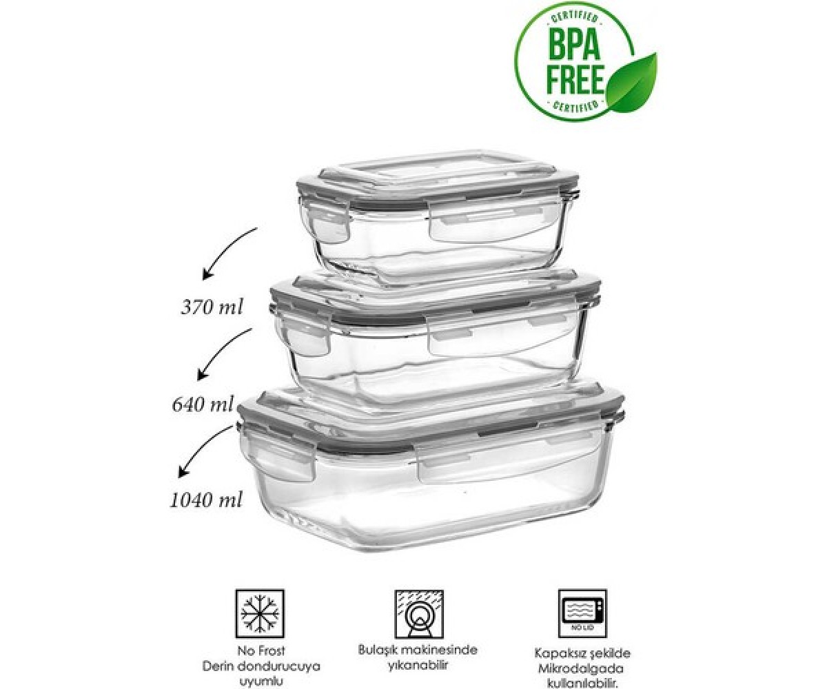 Porsima Set of 6 Glass Multi-Purpose Food Storage Containers with Leak-Proof Lockable Lid - Gray