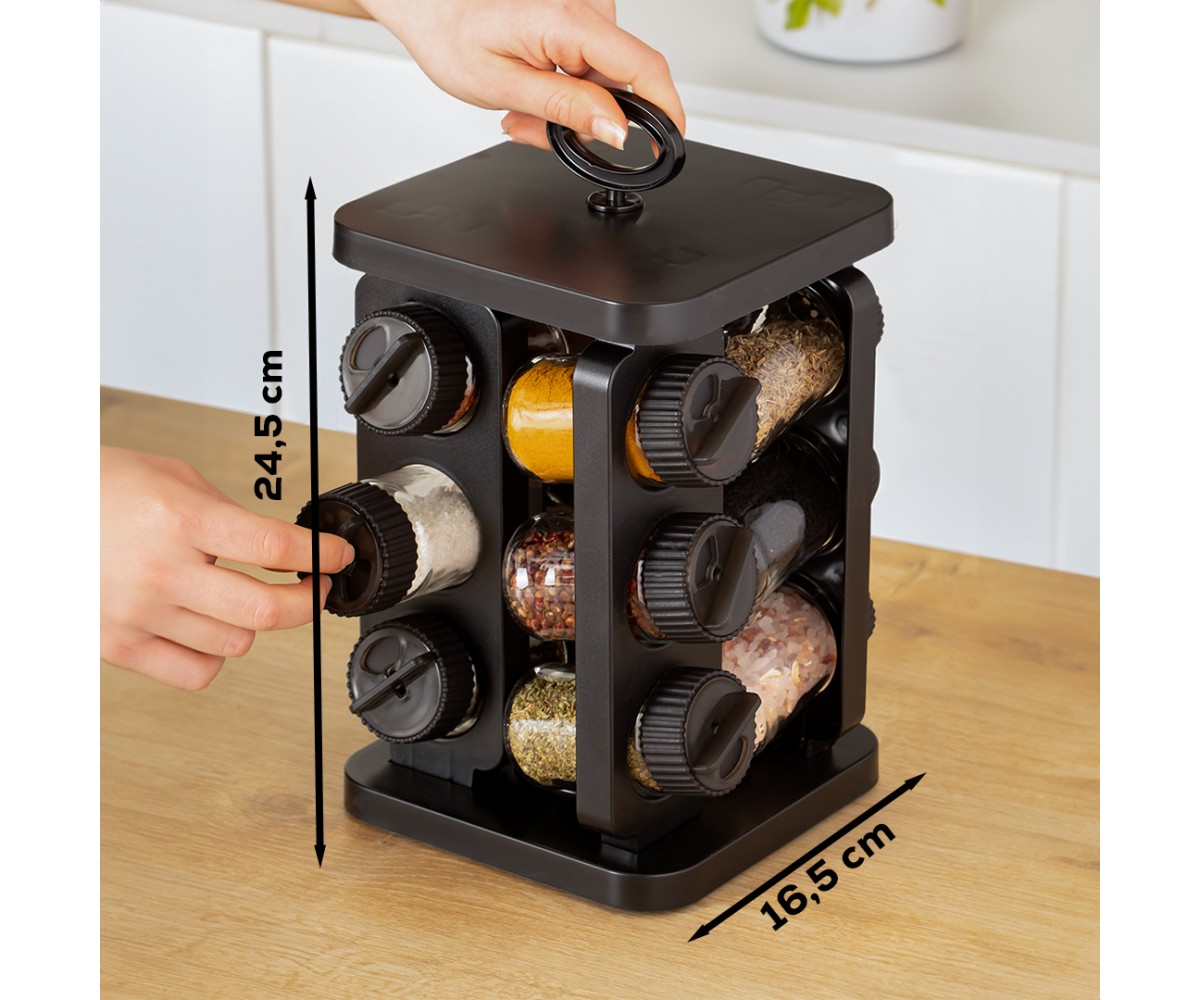 Porsima 1080 Square Prism 12-Piece Glass Spice Jar with Rotating Stand and Rotating Lid-Organizer-Black