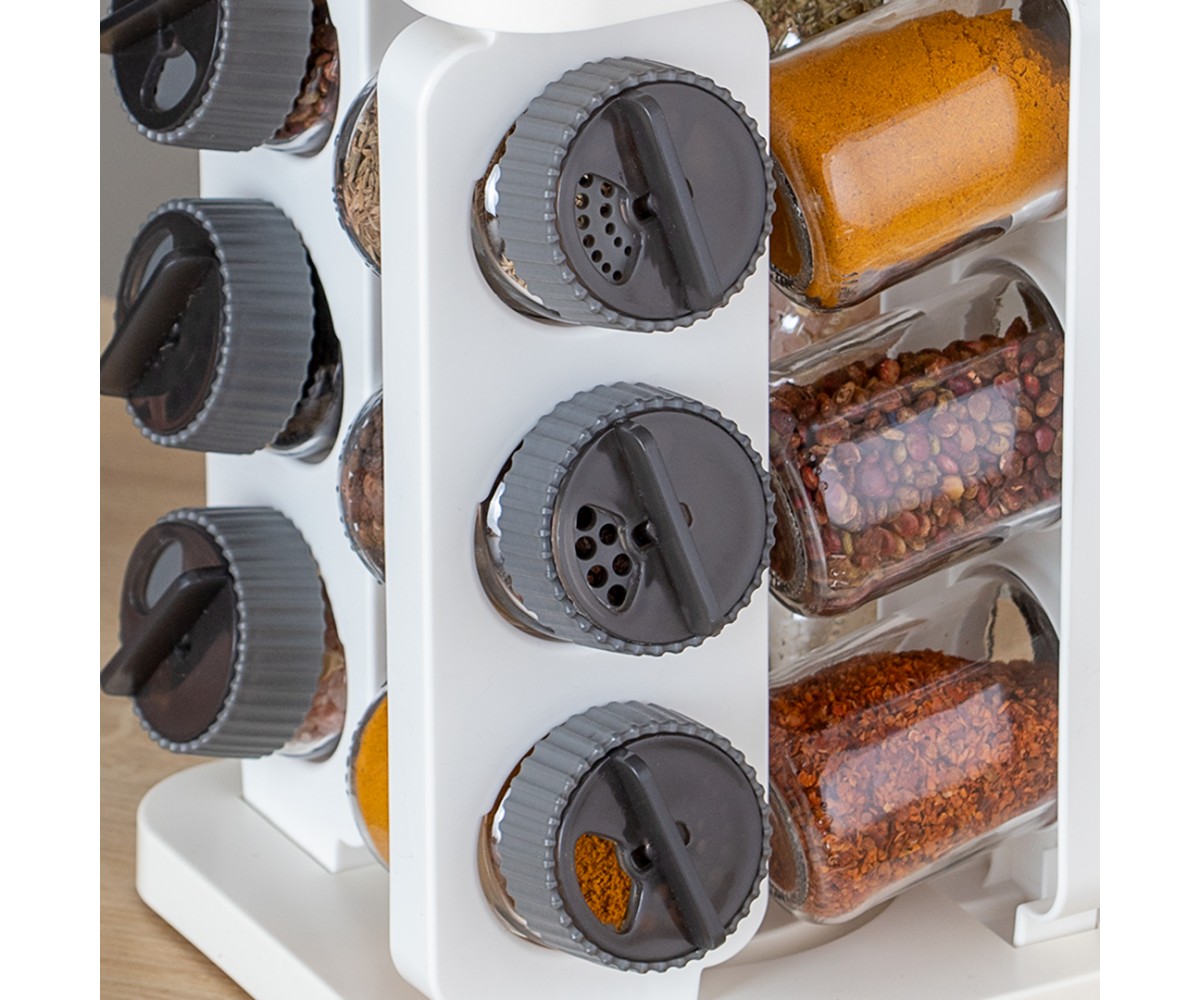 Porsima 1081 Square Prism 12-Piece Glass Spice Jar with Rotating Stand and Rotating Lid-Organizer Organizer-White Anthracite