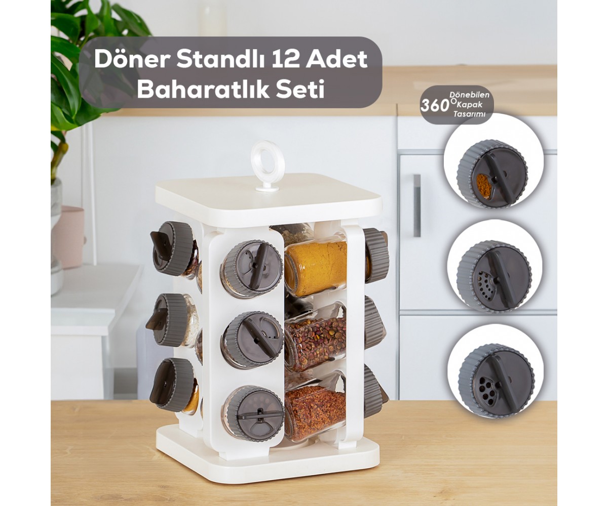 Porsima 1081 Square Prism 12-Piece Glass Spice Jar with Rotating Stand and Rotating Lid-Organizer Organizer-White Anthracite Porsima 1081 Square Prism 12-Piece Glass Spice Jar with Rotating Stand and Rotating Lid-Organizer Organizer-White Anthracite