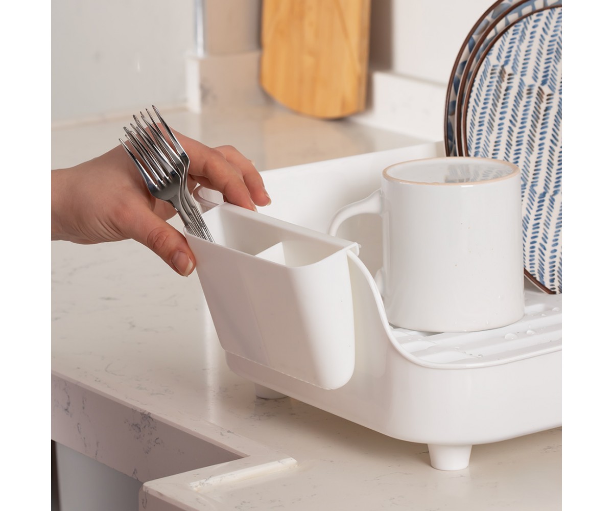 Porsima AKL-060 White Luxury Plate Rack Dish Rack-Dish Basket with Directional Water Flow Channel-With Cutlery