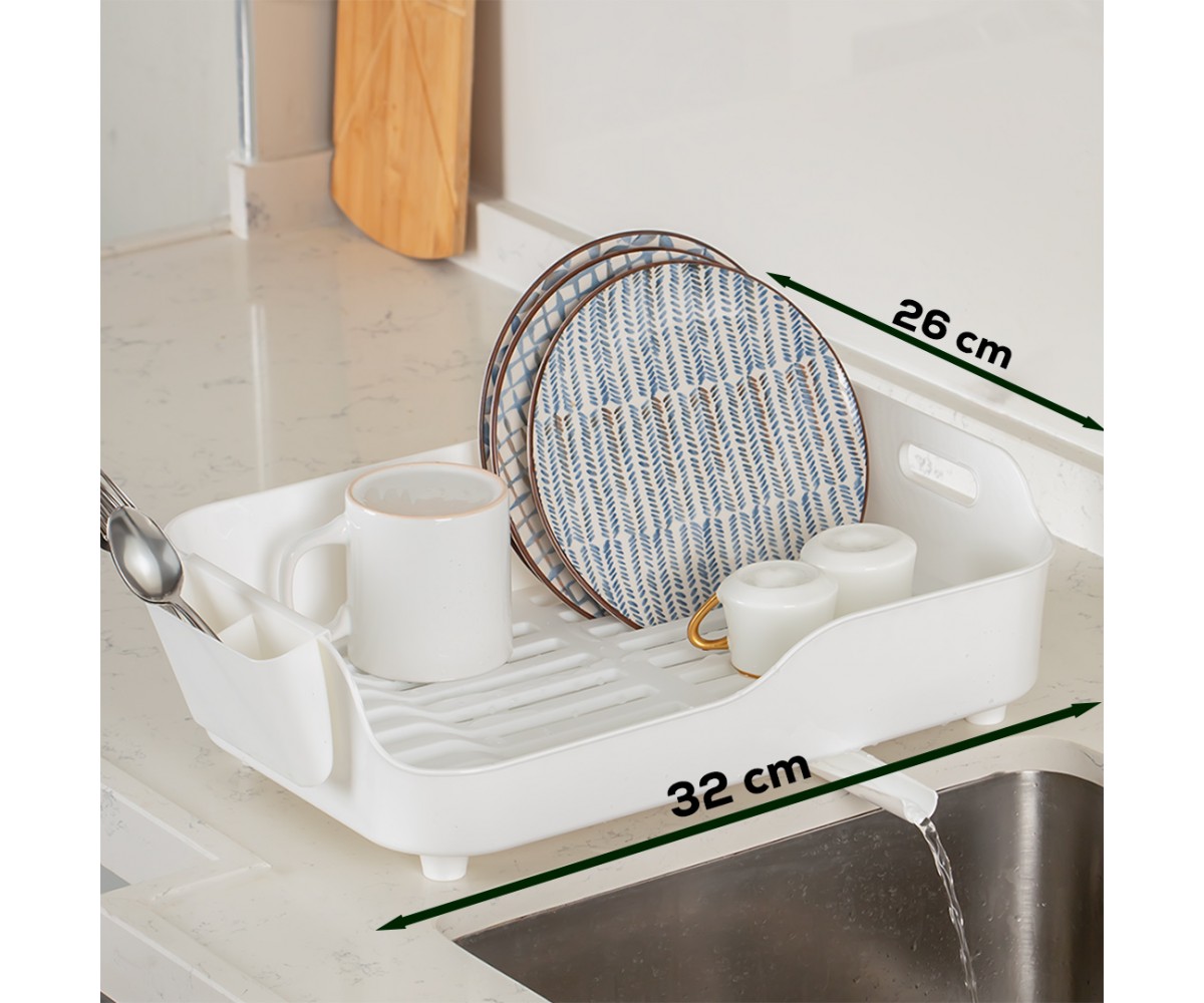 Porsima AKL-060 White Luxury Plate Rack Dish Rack-Dish Basket with Directional Water Flow Channel-With Cutlery