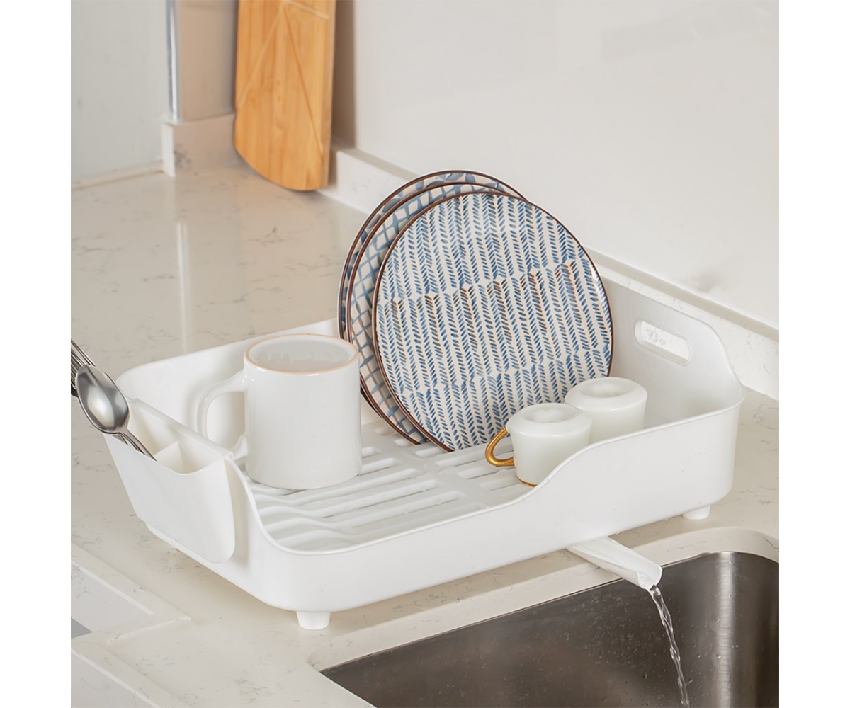 Porsima AKL-060 White Luxury Plate Rack Dish Rack-Dish Basket with Directional Water Flow Channel-With Cutlery