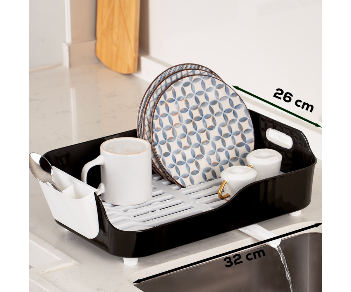 Porsima AKL-060 Black Luxury Plate Rack Dish Rack-Dish Basket with Directional Water Flow Channel-With Cutlery