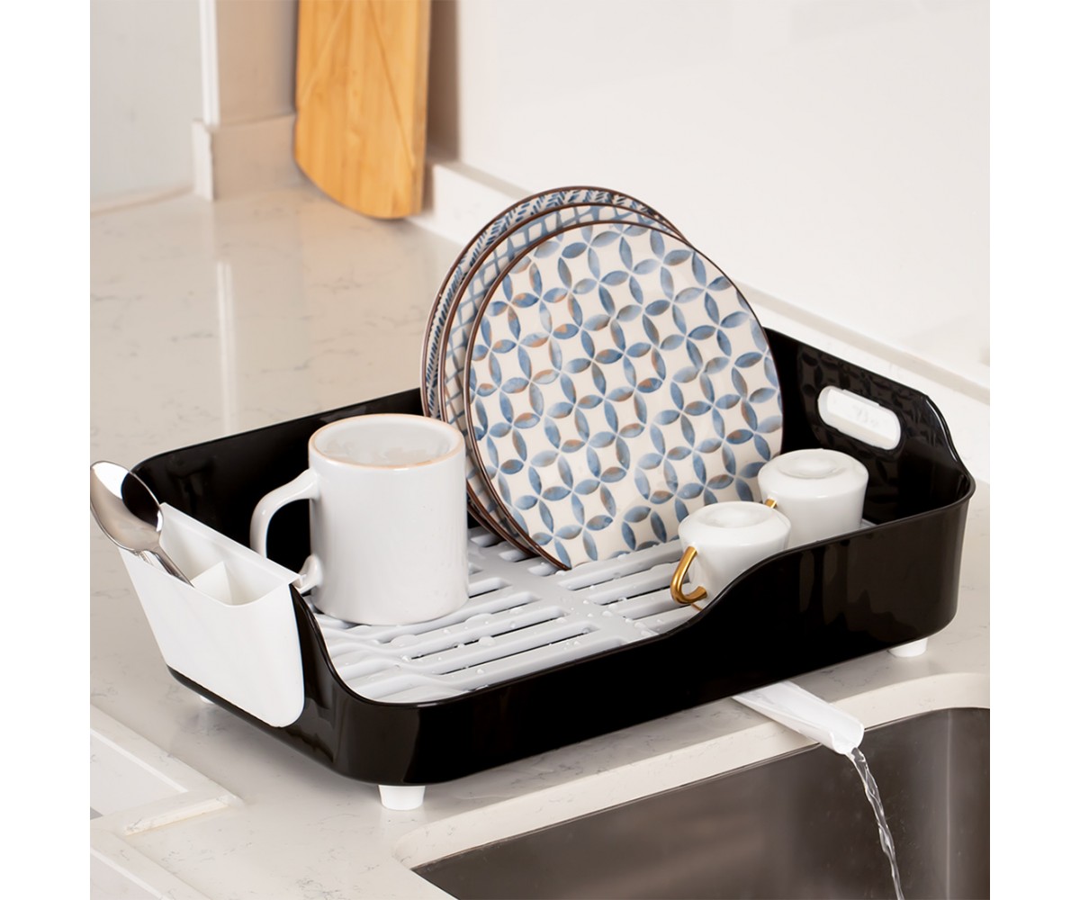 Porsima AKL-060 Black Luxury Plate Rack Dish Rack-Dish Basket with Directional Water Flow Channel-With Cutlery