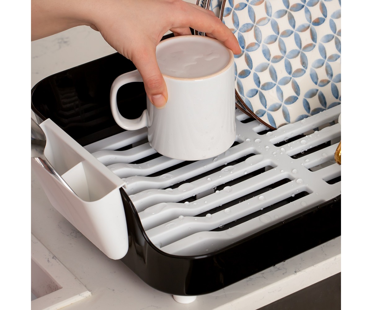 Porsima AKL-060 Black Luxury Plate Rack Dish Rack-Dish Basket with Directional Water Flow Channel-With Cutlery