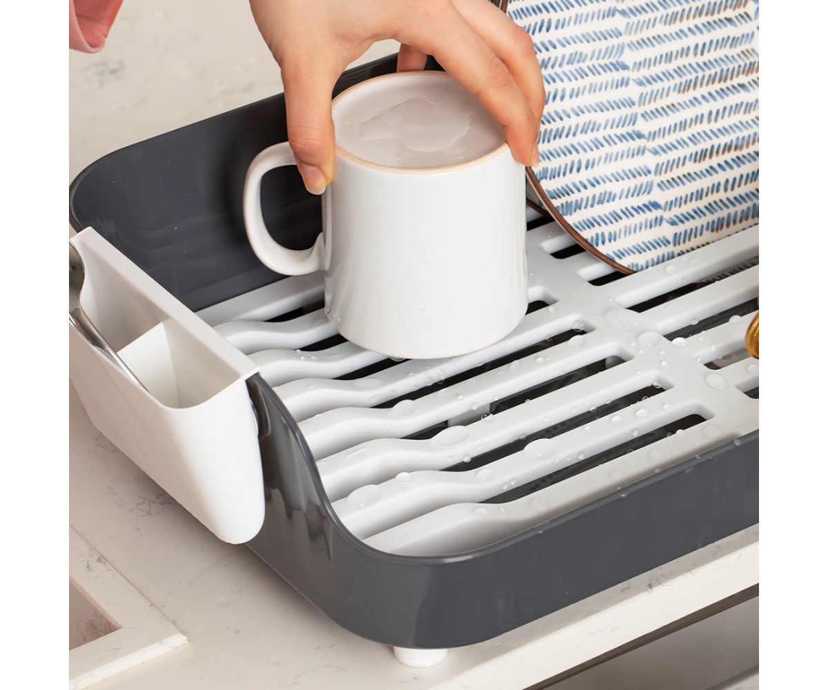 Porsima AKL-060 Gray Luxury Plate Rack Dish Rack-Dish Basket with Directional Water Flow Channel-With Cutlery