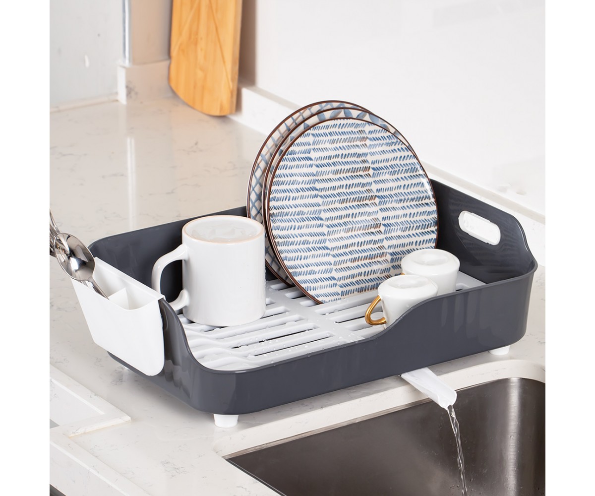 Porsima AKL-060 Gray Luxury Plate Rack Dish Rack-Dish Basket with Directional Water Flow Channel-With Cutlery