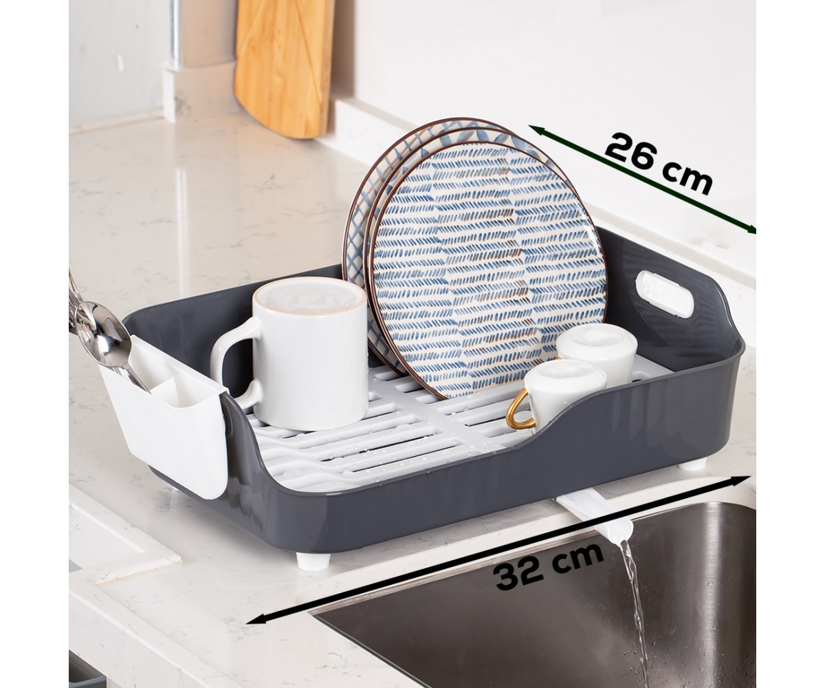 Porsima AKL-060 Gray Luxury Plate Rack Dish Rack-Dish Basket with Directional Water Flow Channel-With Cutlery