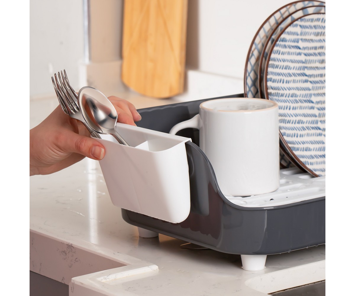 Porsima AKL-060 Gray Luxury Plate Rack Dish Rack-Dish Basket with Directional Water Flow Channel-With Cutlery