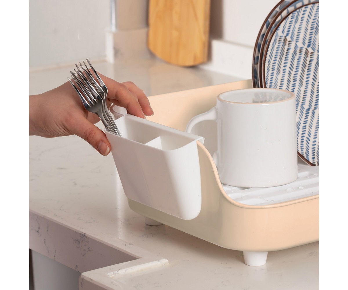 Porsima AKL-060 Beige Luxury Plate Rack Dish Rack-Dish Basket with Directional Water Flow Channel-With Cutlery