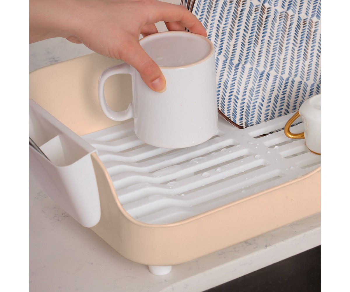 Porsima AKL-060 Beige Luxury Plate Rack Dish Rack-Dish Basket with Directional Water Flow Channel-With Cutlery