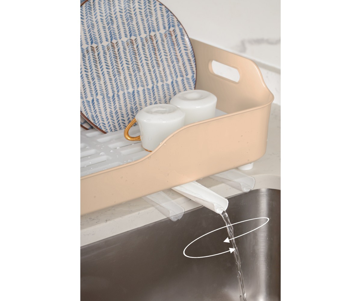 Porsima AKL-060 Beige Luxury Plate Rack Dish Rack-Dish Basket with Directional Water Flow Channel-With Cutlery