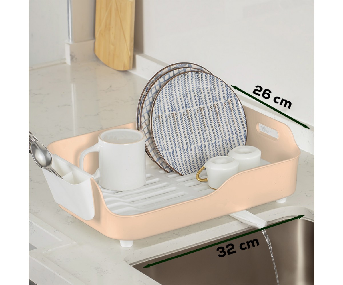 Porsima AKL-060 Beige Luxury Plate Rack Dish Rack-Dish Basket with Directional Water Flow Channel-With Cutlery