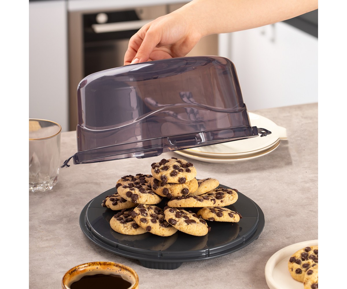 Porsima 1091 Anthracite Round Cake Pastry Pastry Storage Container - Carrying Jar with Locked Lid 25 cm
