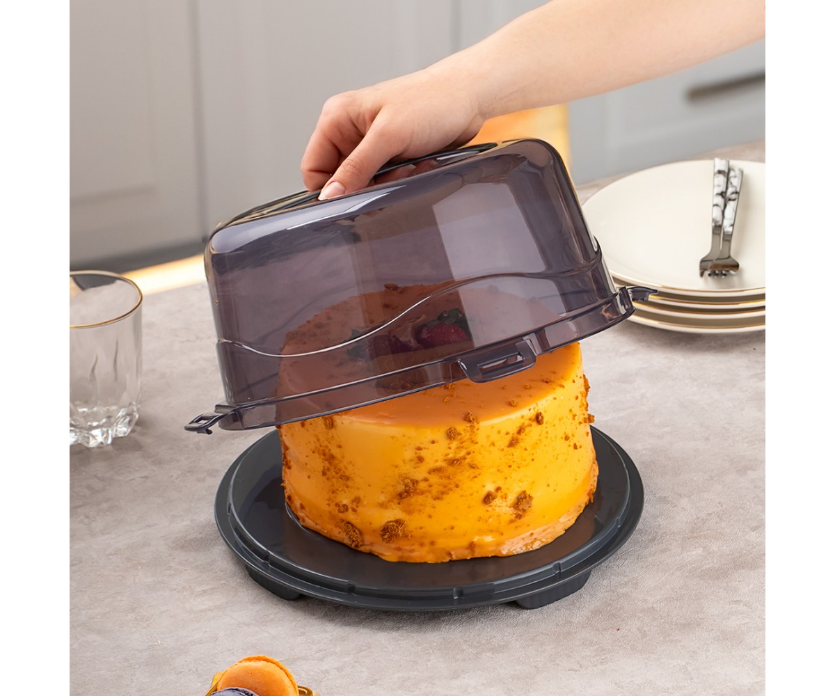 Porsima 1091 Anthracite Round Cake Pastry Pastry Storage Container - Carrying Jar with Locked Lid 25 cm