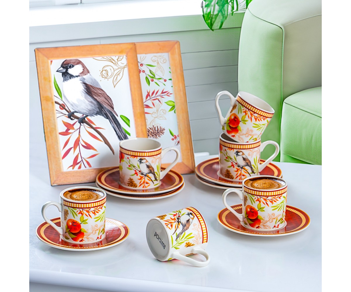 Porsima TE-212 Hudd Cup Set-Patterned Porcelain Cup Set-Turkish Coffee 90 cc for 6 People